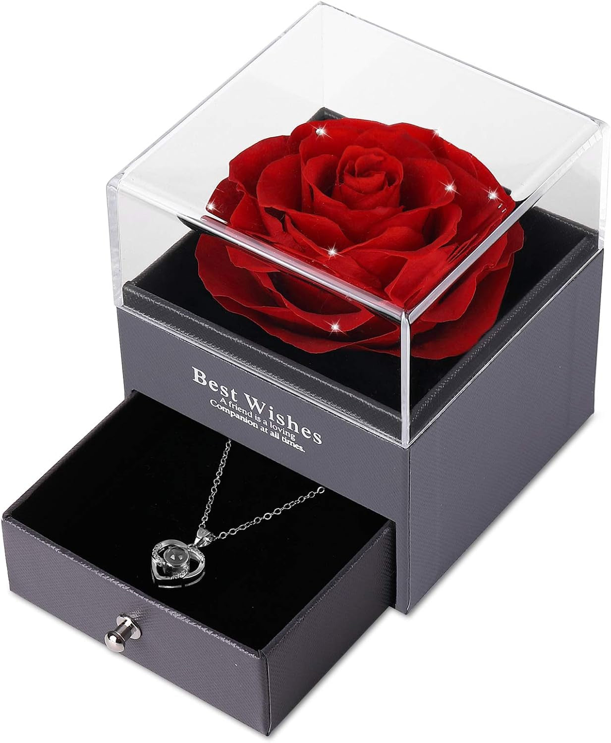 Mothers Day Flower Gifts for Her, Preserved Real Flower Rose with Silver-Tone Heart Necklace I Love You in 100 Languages Gift Set, Enchanted Flower Rose Gifts, Red Crystal
