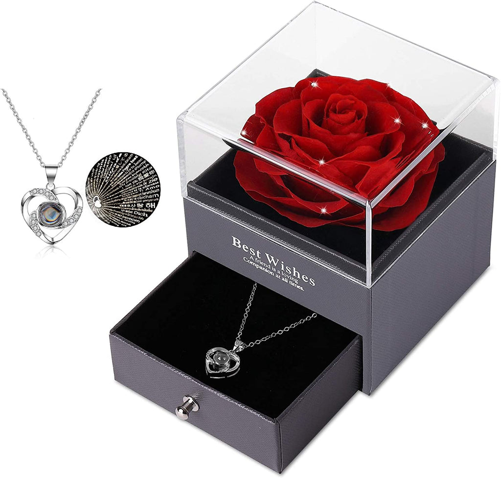 Mothers Day Flower Gifts for Her, Preserved Real Flower Rose with Silver-Tone Heart Necklace I Love You in 100 Languages Gift Set, Enchanted Flower Rose Gifts, Red Crystal